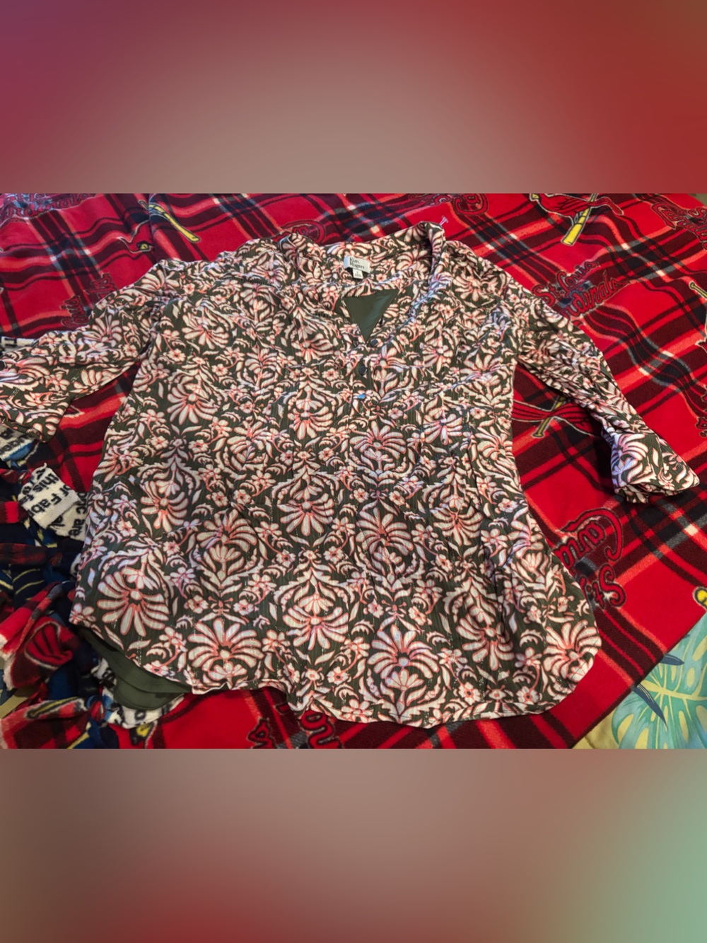 Kim Rogers Floral V-Neck Long Sleeve Top in Pink and Green